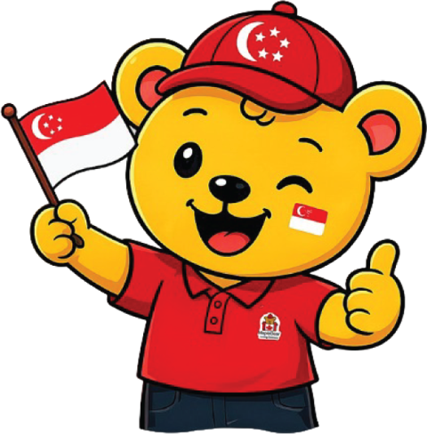 Chinook, the MapleBear National Day mascot, waving the Singapore flag